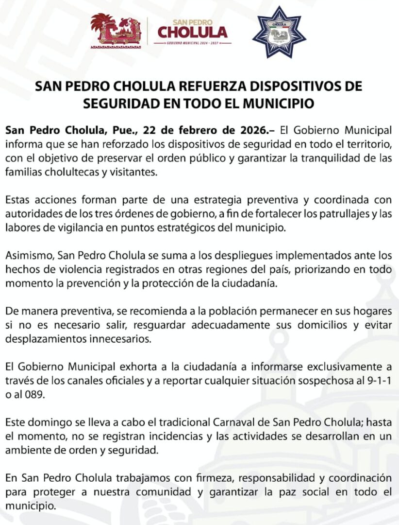 Refuerza San Pedro Cholula dispositivos de seguridad en todo el municipio