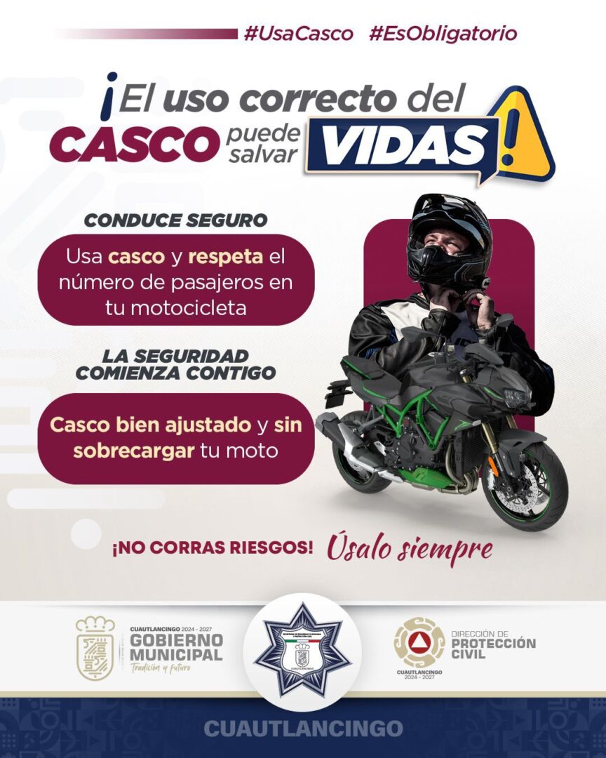 Reitera Gobierno de Cuautlancingo importancia que  motociclistas usen correctamente el casco de seguridad