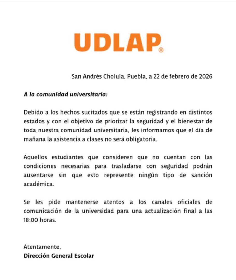 UDLAP permite ausencias a clases por motivos de seguridad