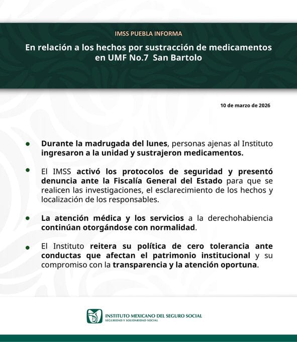 Robo violento de medicamentos controlados sacude Clínica 7 del IMSS en Puebla
