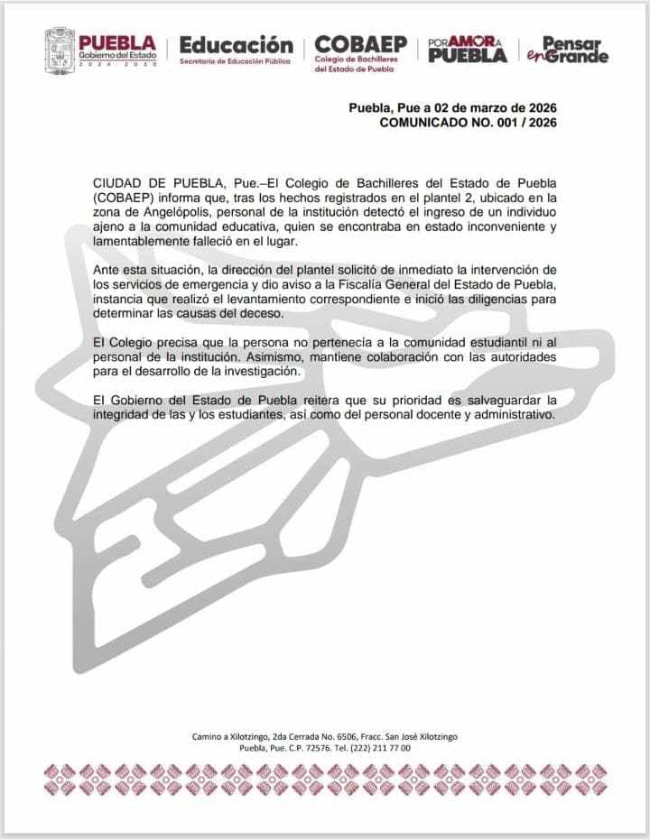 COBAEP aclara hallazgo de persona fallecida en Plantel 2 Angelópolis