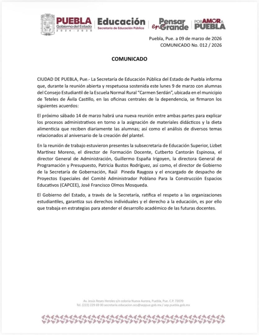 SEP Puebla acuerda mesa de trabajo con alumnas de la Normal Rural “Carmen Serdán”