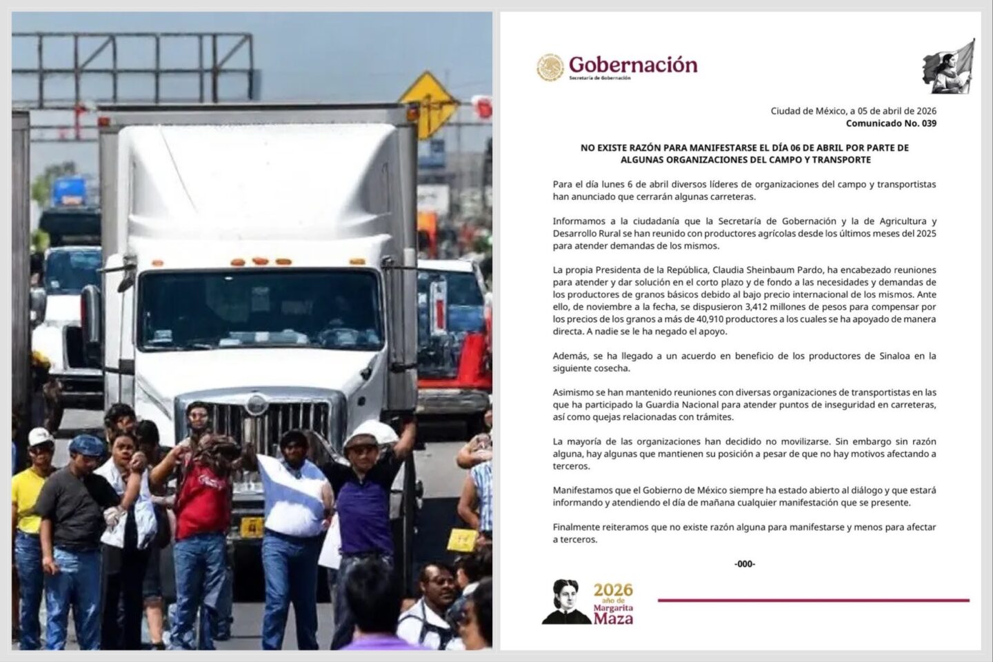 Federación asegura avances con productores y transportistas; llama a no realizar bloqueos