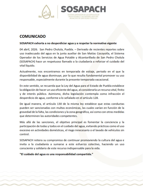 SOSAPACH exhorta a no desperdiciar agua y a respetar la normativa vigente