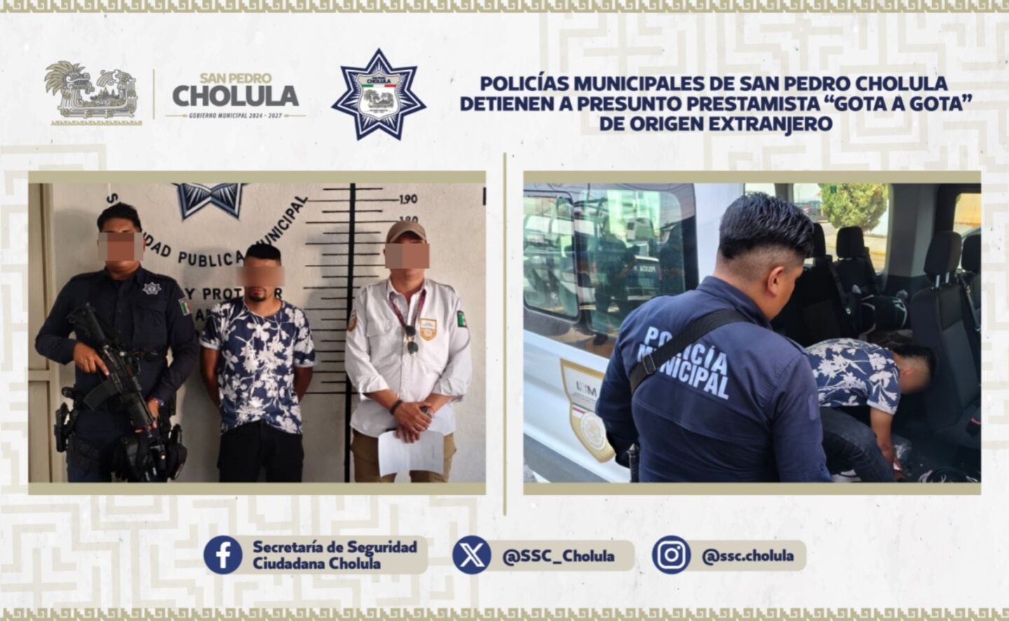 Policías municipales de San Pedro Cholula detienen a presunto prestamista “gota a gota” de origen extranjero
