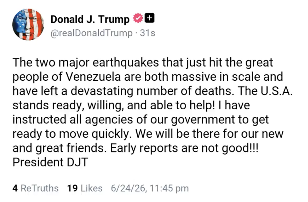 “Estaremos allí”: Trump ordena movilización de agencias de EU tras terremotos en Venezuela