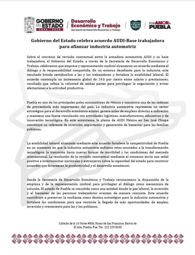 Gobierno del Estado celebra acuerdo AUDI-Base trabajadora para afianzar industria automotriz