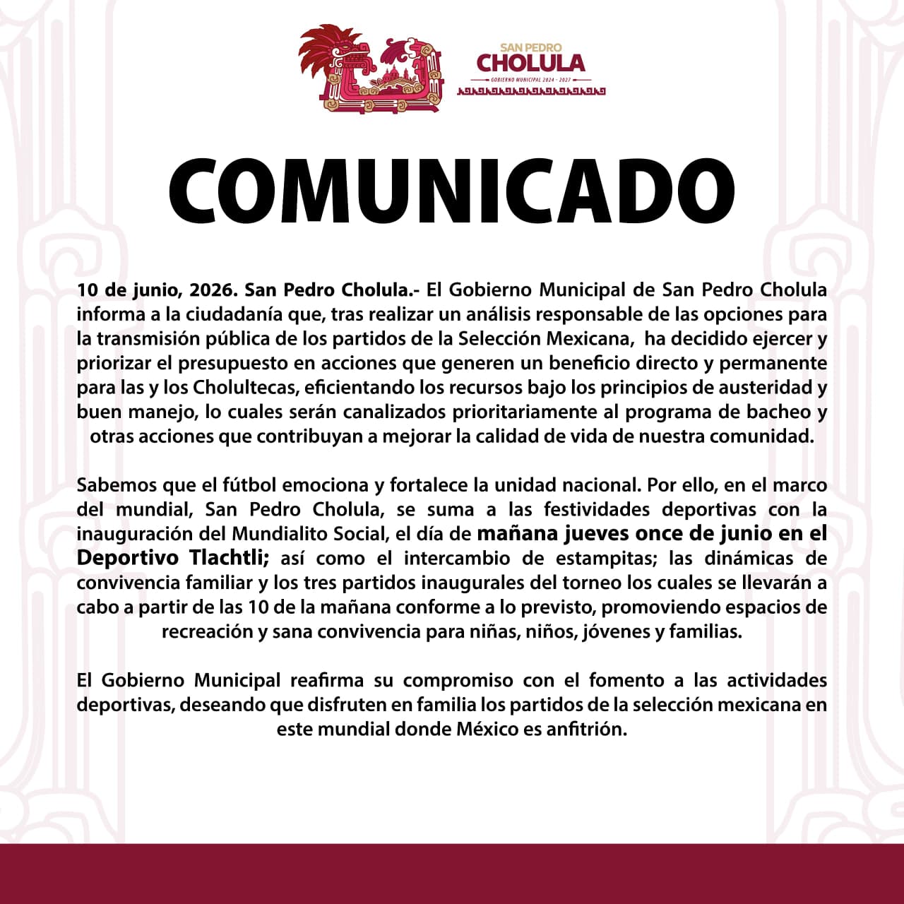 San Pedro Cholula prioriza recursos en bacheo y lanza Mundialito Social para celebrar el fútbol
