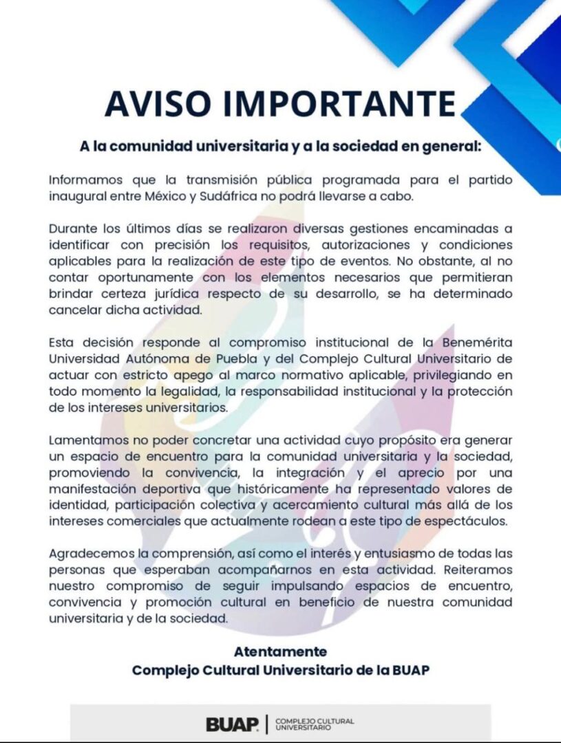 BUAP cancela transmisión masiva del partido inaugural del Mundial 2026 en el CCU
