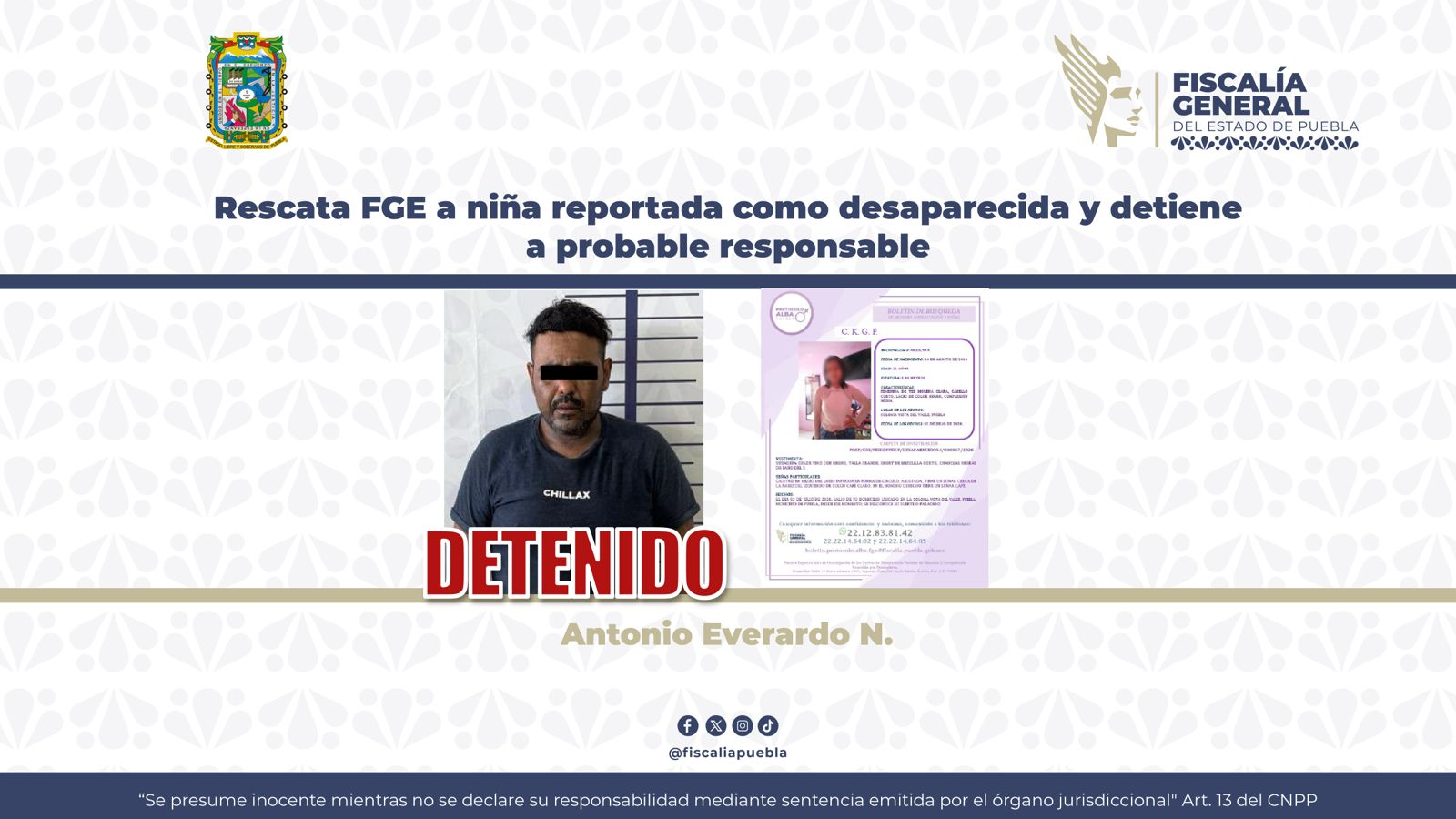 Rescata FGE a niña reportada como desaparecida y detiene a probable responsable