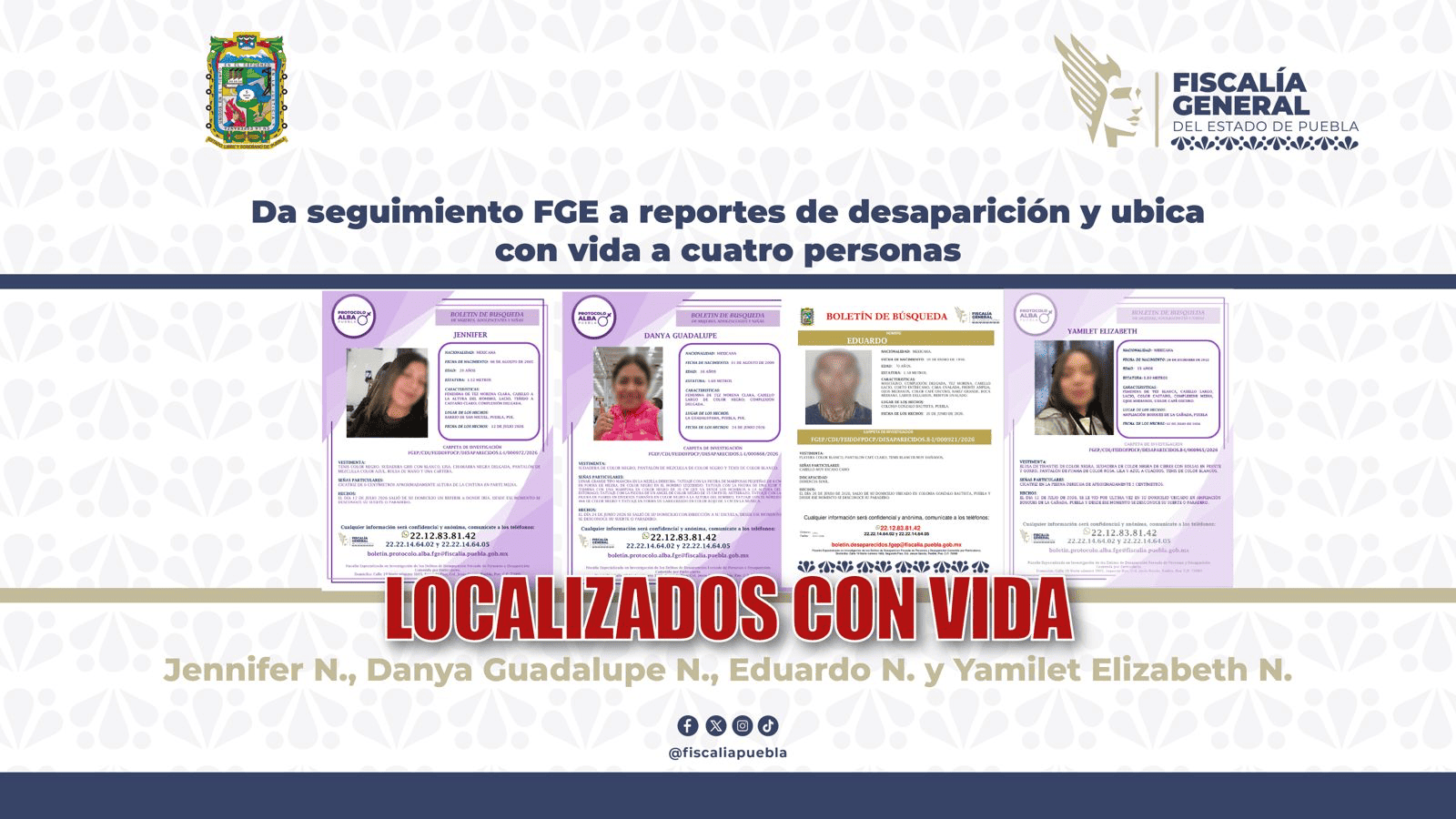 Da seguimiento FGE a reportes de desaparición y ubica con vida a cuatro personas