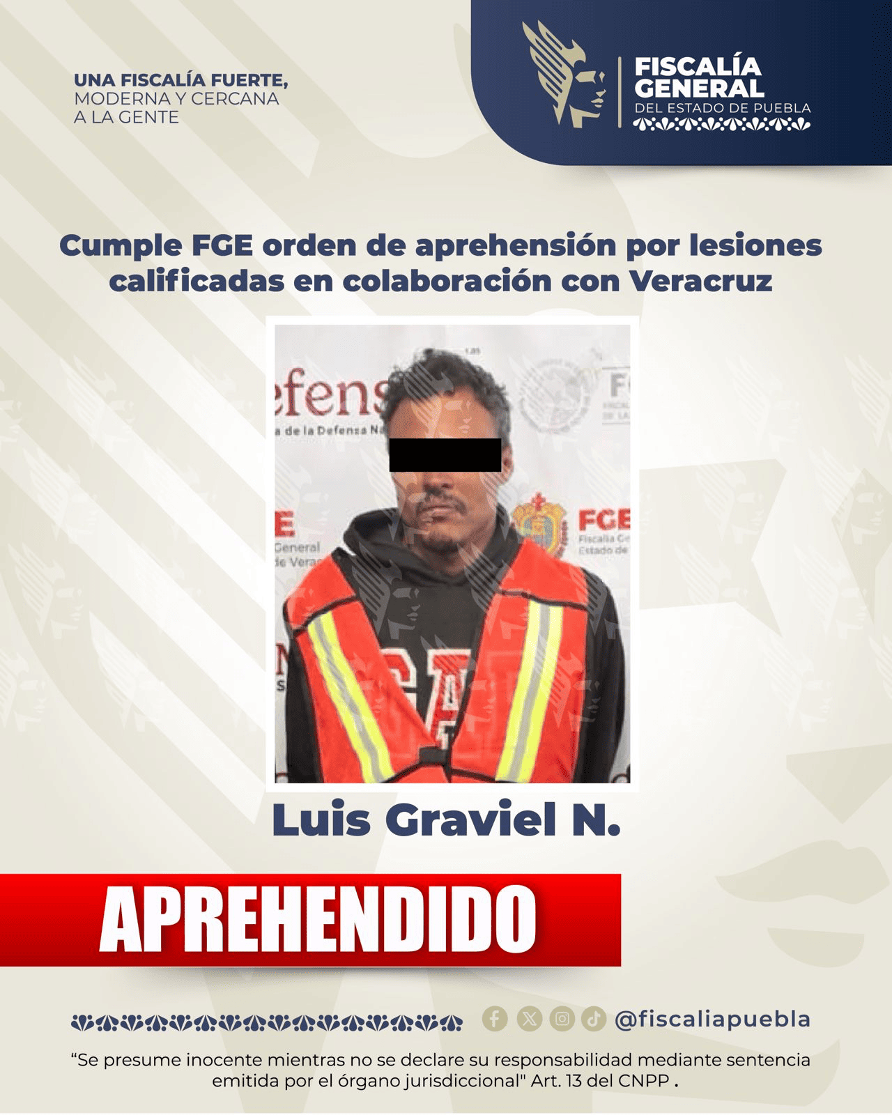 Cumple FGE orden de aprehensión por lesiones calificadas en colaboración con Veracruz