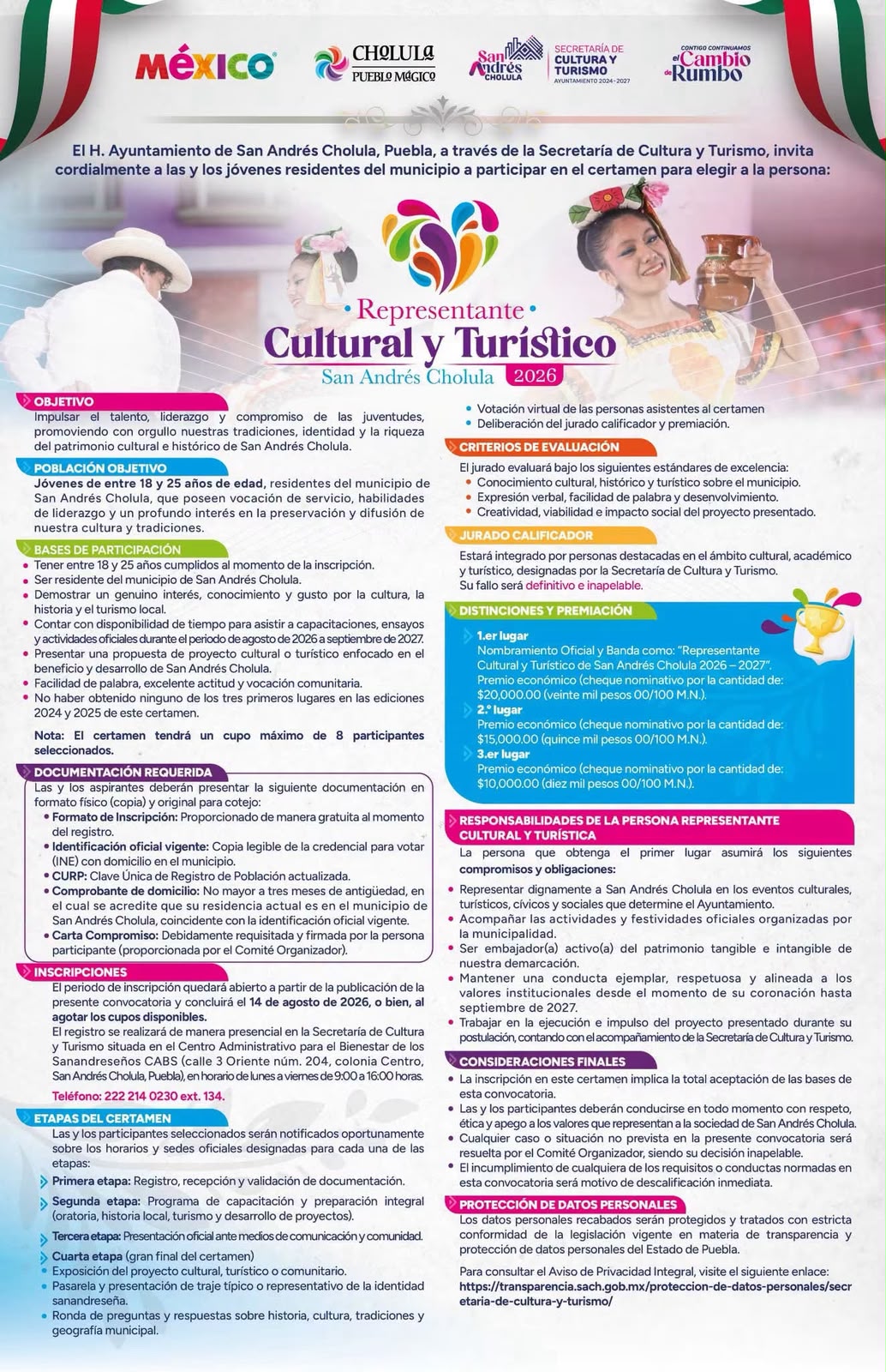 Invita Gobierno de San Andrés Cholula a participar en el certamen Representante Cultural y Turístico 2026