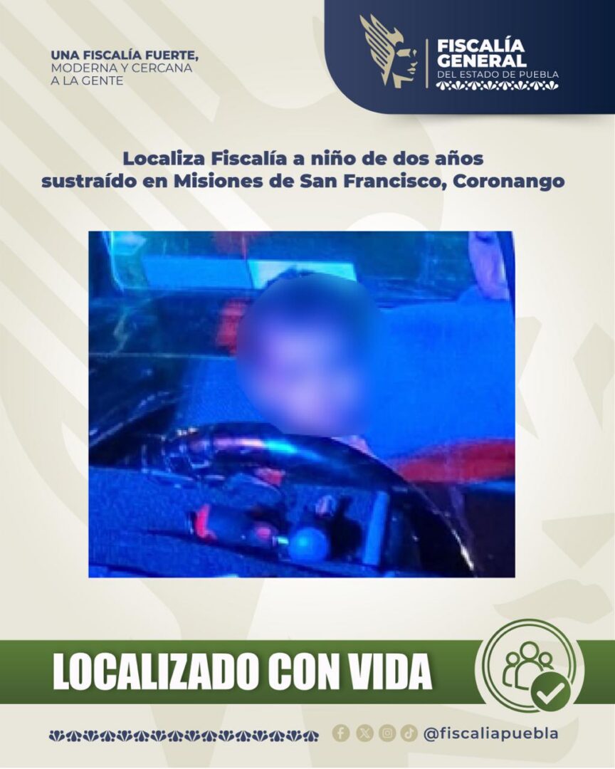 Localiza Fiscalía a niño de dos años sustraído en Misiones de San Francisco, Coronango