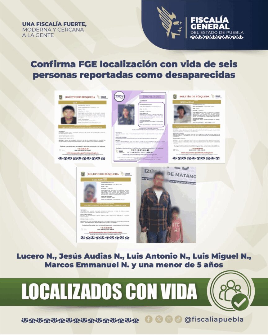Confirma FGE localización con vida de seis personas reportadas como desaparecidas