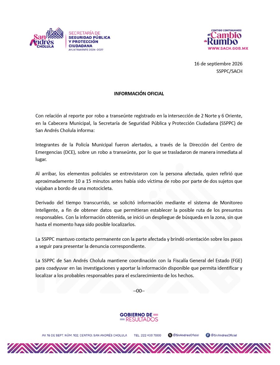 Robo a transeúnte en San Andrés Cholula; SSPPC despliega operativo de búsqueda