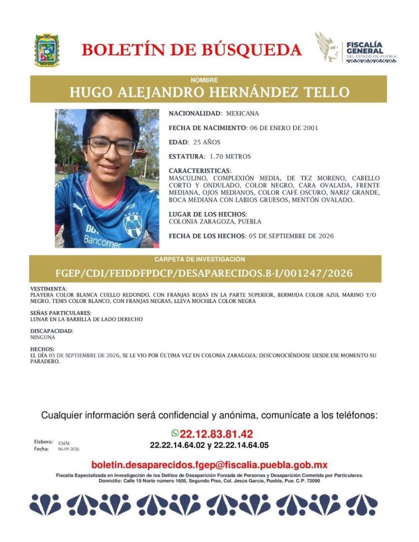 Familia busca a Hugo tras perder contacto con él el sábado; no llegó a la BUAP