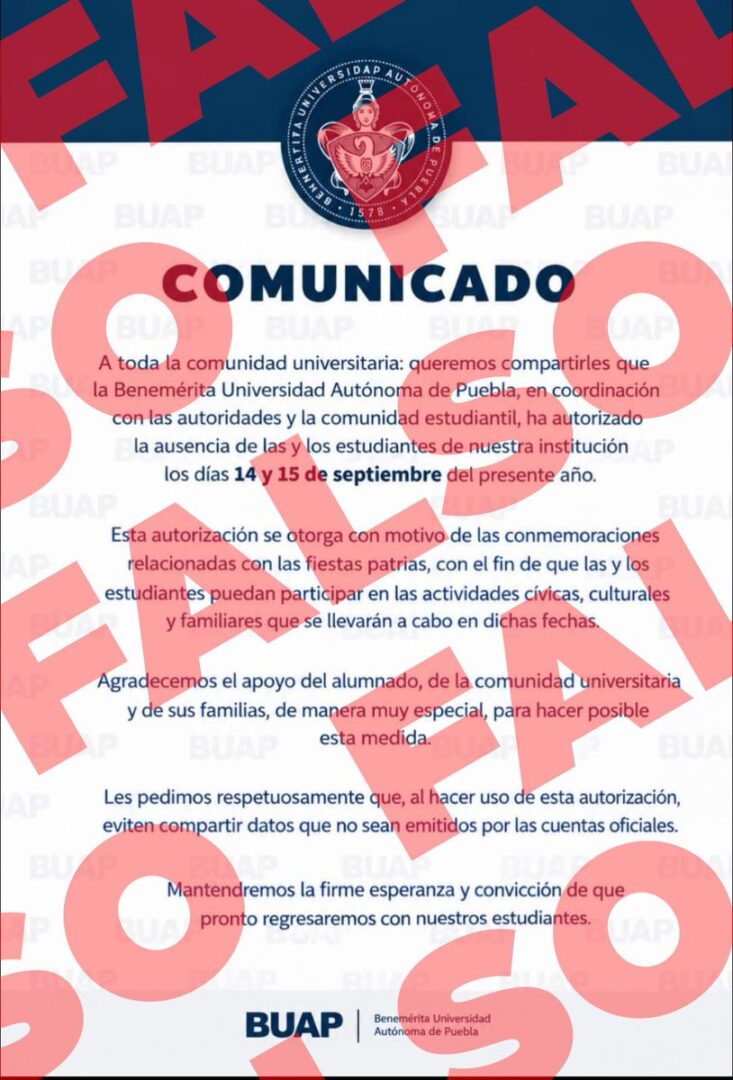 Alertan por falso aviso de la BUAP sobre supuesto puente de Fiestas Patrias
