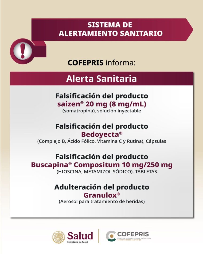 Cofepris alerta por cuatro medicamentos falsificados o adulterados