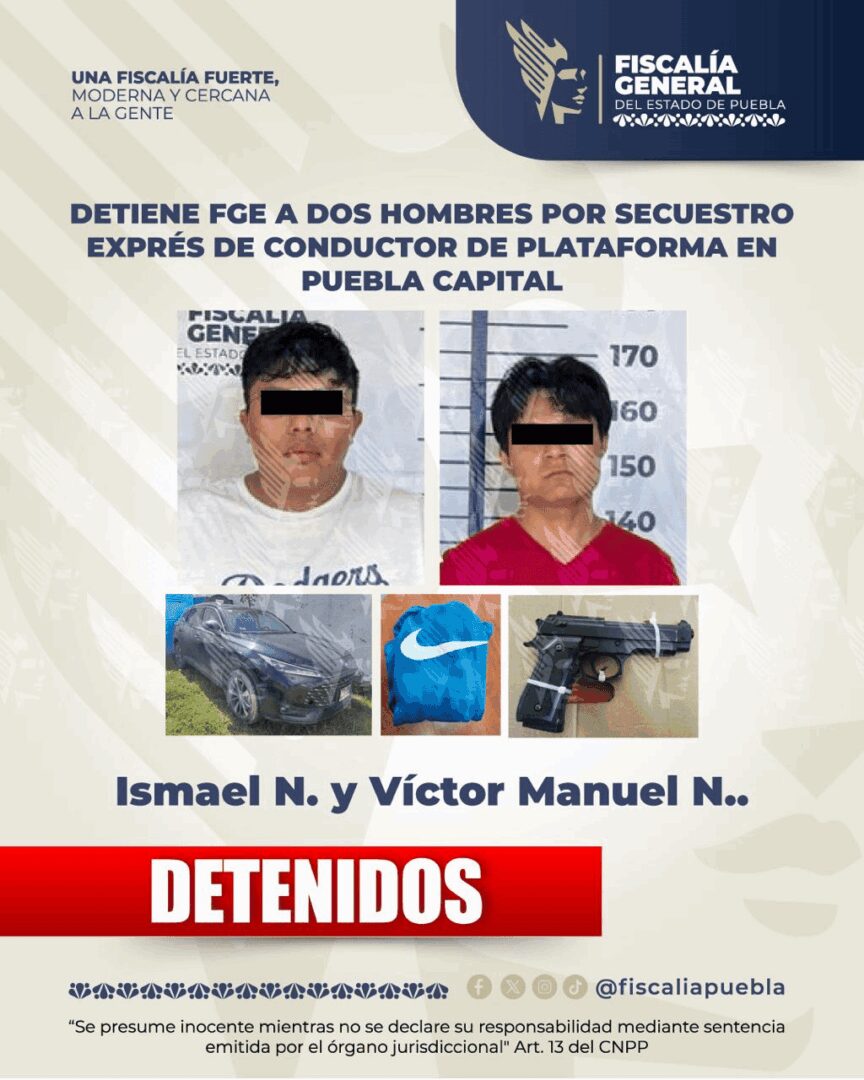 Detiene FGE a dos hombres por secuestro exprés de conductor de plataforma en Puebla capital