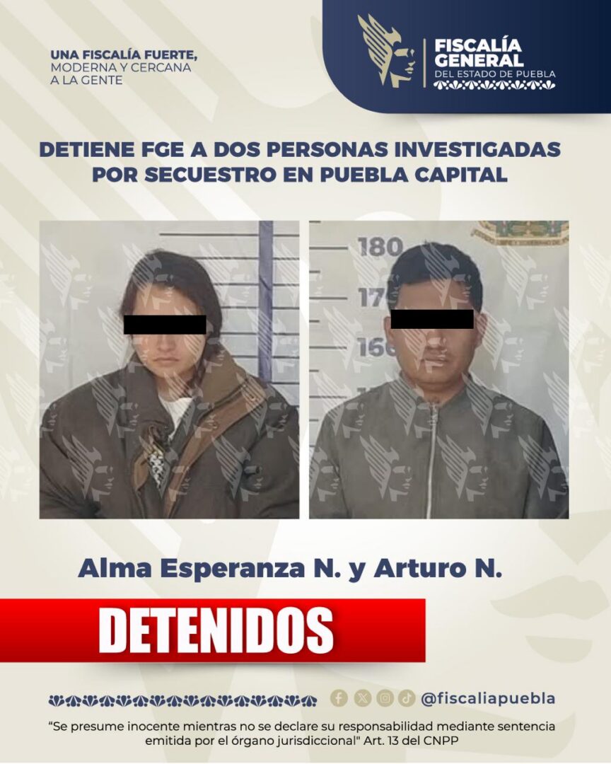Detiene FGE a dos personas investigadas por secuestro en Puebla capital