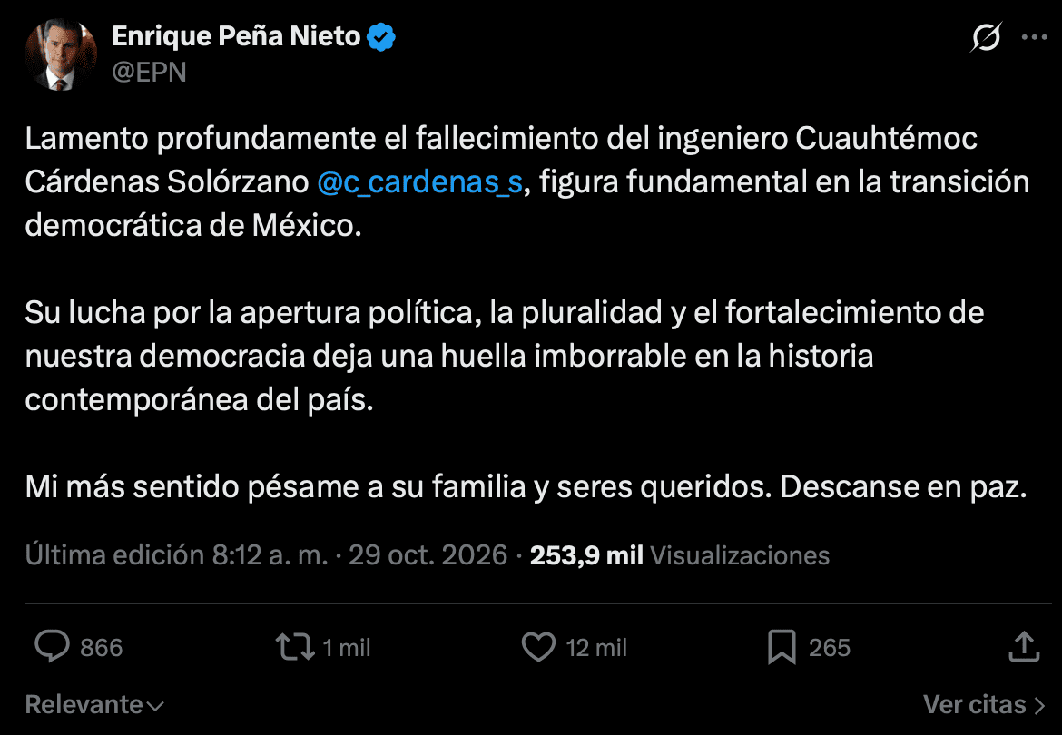 “Figura fundamental en la transición democrática”: Peña Nieto despide a Cuauhtémoc Cárdenas