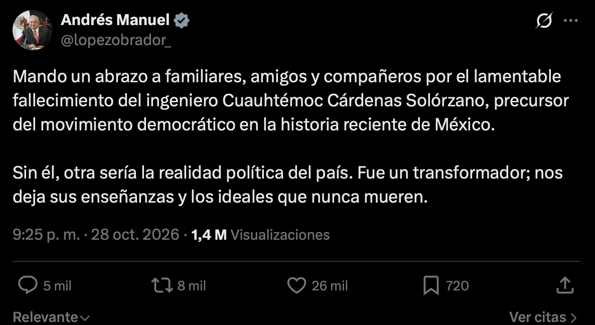 “Fue un transformador”: López Obrador reconoce el legado democrático de Cárdenas