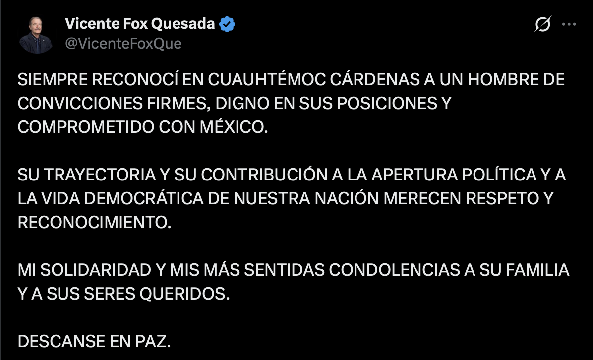 “Le quisimos todos, incluso sus opositores”: Vicente Fox recuerda a Cuauhtémoc Cárdenas