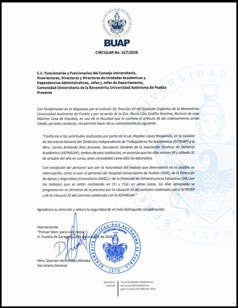 ¡Prepárate para el puente! La BUAP suspenderá actividades por Día de Muertos