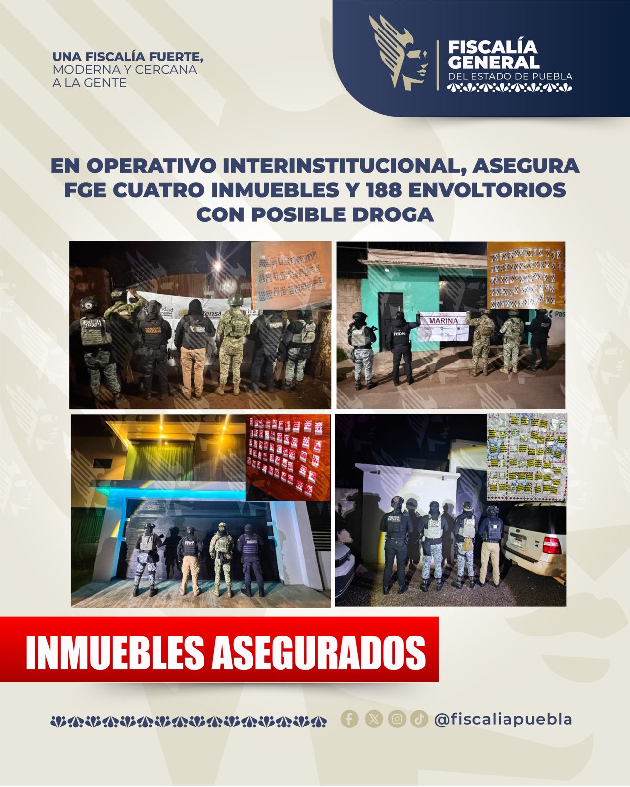 En operativo interinstitucional, asegura FGE cuatro inmuebles y 188 envoltorios con posible droga